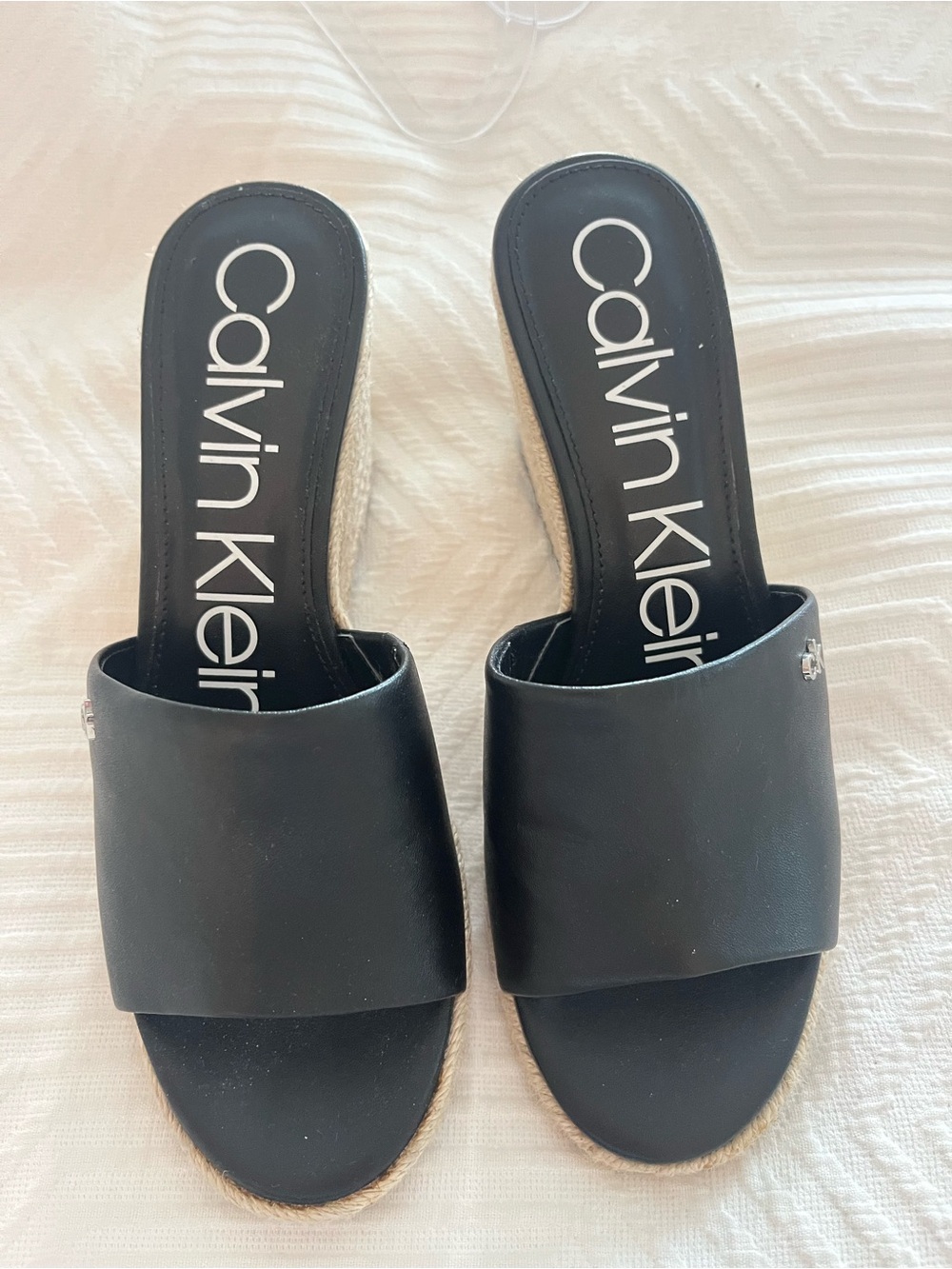 Calvin Klein Black Leather Espadrille Wedge Slide Sandals